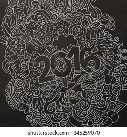 2016 New year hand lettering and doodles elements background. Vector chalkboard illustration