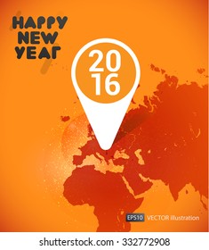2016 new year illustration with icon on world map on red background.
