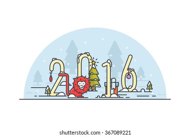 2016 New Year illustration. Line art.