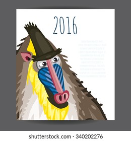 2016 New Year of the monkey. Decorative postcard with blue nose monkey. Mandrill with best wisher in new year. Party poster vector illustrated. Envelope, invitation design template. 