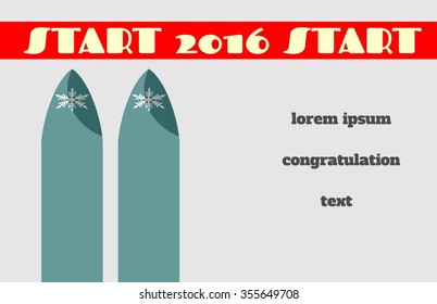 2016 new year number on red start line. Snowflake on skiing. Field for congratulation text. Winter sport gift card template