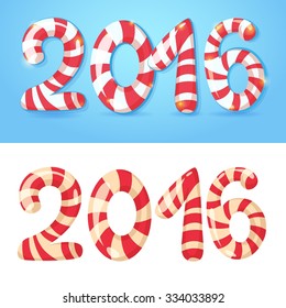 2016 New Year numbers, congratulations card with funny cartoon figures isolated on white