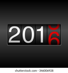 2016 New Year Odometer - design with white and red numbers rolling from 2015 to 2016, on black background.
