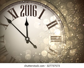 2016 New Year sepia background with clock. Vector paper illustration.