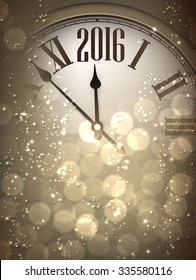 2016 New Year sepia background with clock. Vector paper illustration.