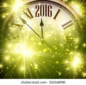 2016 New Year shining background with clock. Vector illustration.