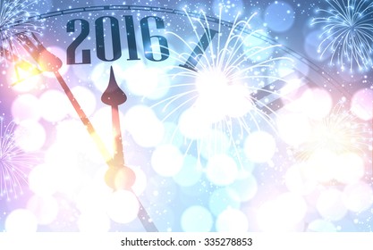 2016 New Year shining background with clock. Vector illustration.