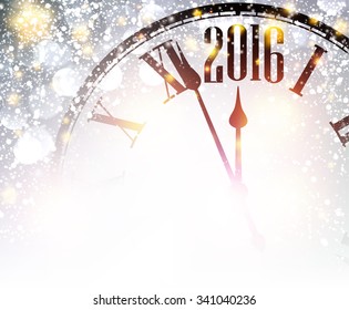 2016 New Year shining background with clock. Vector illustration.