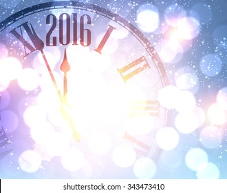 2016 New Year shining background with clock. Vector illustration.