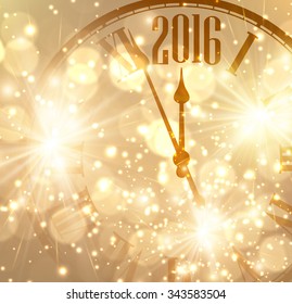 2016 New Year shining background with clock. Vector illustration.