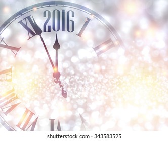 2016 New Year shining background with clock. Vector illustration.