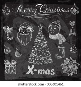 2016 New year vintage chalk set label on a blackboard. Vector Christmas calligraphic inscription, Christmas tree, Santa Claus, snowman, bell, balls, puasentiya and much more for your design.