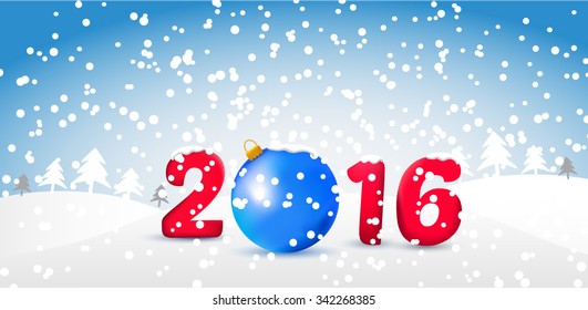 2016 New Years background with christmas ball, candy cane and red realistic ribbon banner and snow. concept for greeting or postal card. vector illustration