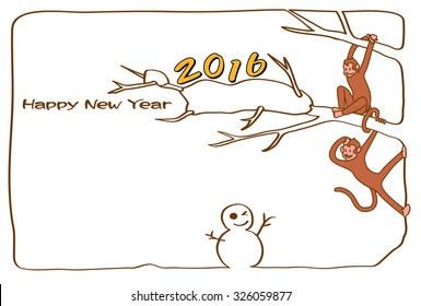 2016, New Year's card of year of the monkey. The monkey and snowman. 