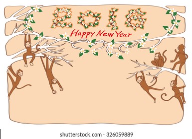 2016, New Year's card of year of the monkey. The monkey pals are playing in the top of the tree. (The postcard template is the horizontal, and the beige background.)