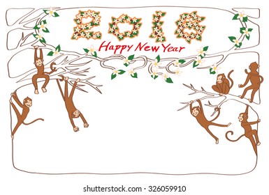 2016, New Year's card of year of the monkey. 