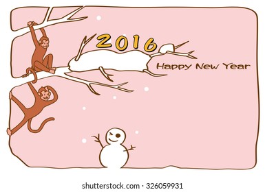 2016, New Year's card of year of the monkey. The monkey and snowman. (The postcard template is the horizontal and is the illustration of the left position layout, and the pink background.) 