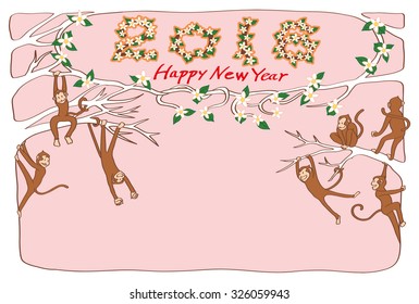 2016, New Year's card of year of the monkey. 