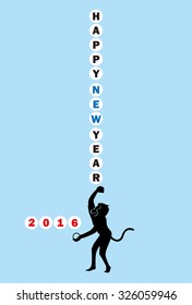 2016, New Year's card of year of the monkey. The monkey ball play. (The postcard template is the vertical, and the light blue background.) 