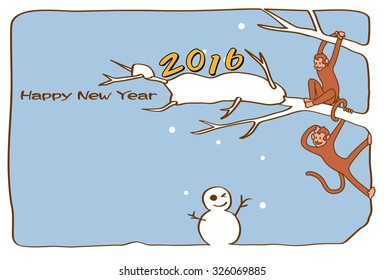 2016, New Year's card of year of the monkey. The monkey and snowman. 