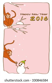 2016, New Year's card of year of the monkey. The monkey and snowman. (The postcard template is the vertical and is the illustration of the left position layout, and the pink background.) 