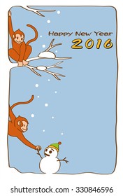 2016, New Year's card of year of the monkey. The monkey and snowman.
