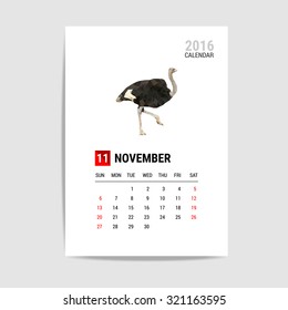 2016 November calendar, Ostrich polygon vector
