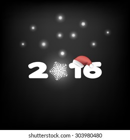 2016 on a black background with Santa's hats, reflection and snowflakes.  Vector numbers. New Year 2016. 