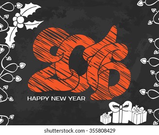 2016 Orange Happy New year hand lettering in doodle style on black grunge background with presents and garland. Vector colorful illustration
