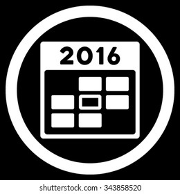 2016 Organizer Date vector icon. Style is flat circled symbol, white color, rounded angles, black background.