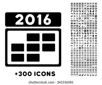 2016 Organizer Grid vector pictogram with additional 300 date and time management icons. Style is flat symbols, black color, rounded angles, white background.