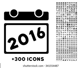 2016 Organizer vector pictogram with additional 300 date and time management icons. Style is flat symbols, black color, rounded angles, white background.