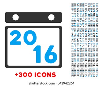 2016 Organizer vector pictogram with additional 300 date and time management icons. Style is bicolor flat symbols, blue and gray colors, rounded angles, white background.