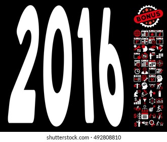 2016 Perspective icon with bonus calendar and time management pictograph collection. Vector illustration style is flat iconic bicolor symbols, red and white colors, black background.