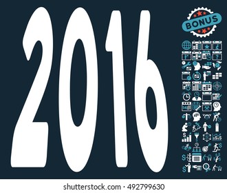 2016 Perspective pictograph with bonus calendar and time management graphic icons. Vector illustration style is flat iconic bicolor symbols, blue and white colors, dark blue background.