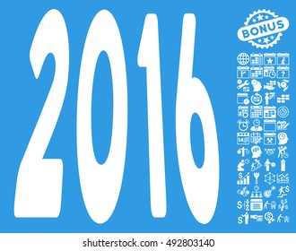 2016 Perspective pictograph with bonus calendar and time management design elements. Vector illustration style is flat iconic symbols, white color, blue background.
