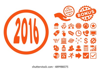 2016 Perspective pictograph with bonus pictogram. Vector illustration style is flat iconic symbols, orange color, white background.