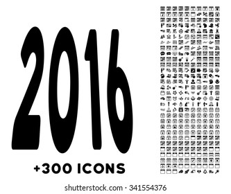 2016 Perspective vector pictogram with additional 300 date and time management icons. Style is flat symbols, black color, rounded angles, white background.