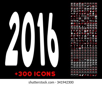 2016 Perspective vector pictogram with additional 300 date and time management icons. Style is bicolor flat symbols, red and white colors, rounded angles, black background.