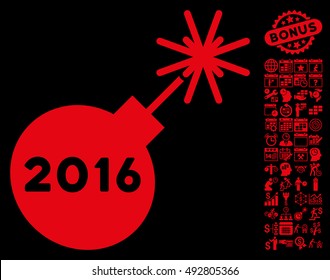 2016 Petard icon with bonus calendar and time management pictures. Vector illustration style is flat iconic symbols, red color, black background.