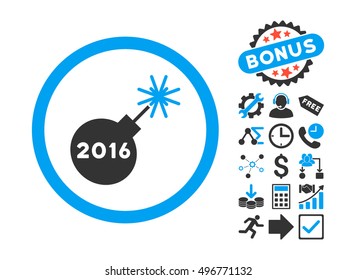 2016 Petard icon with bonus elements. Vector illustration style is flat iconic bicolor symbols, blue and gray colors, white background.