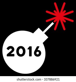 2016 Petard vector icon. Style is bicolor flat symbol, red and white colors, rounded angles, black background.
