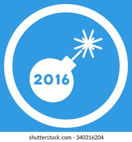 2016 Petard vector icon. Style is flat circled symbol, white color, rounded angles, blue background.