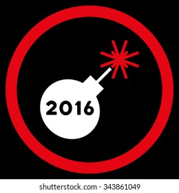 2016 Petard vector icon. Style is bicolor flat circled symbol, red and white colors, rounded angles, black background.