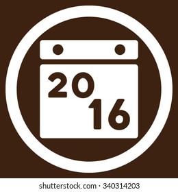 2016 Plan vector icon. Style is flat circled symbol, white color, rounded angles, brown background.