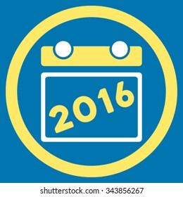2016 Plan vector icon. Style is bicolor flat circled symbol, yellow and white colors, rounded angles, blue background.