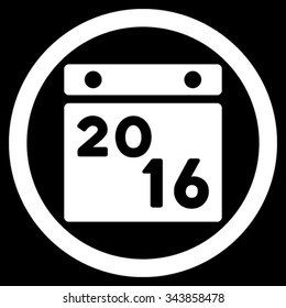 2016 Plan vector icon. Style is flat circled symbol, white color, rounded angles, black background.