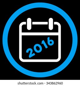 2016 Plan vector icon. Style is bicolor flat circled symbol, blue and white colors, rounded angles, black background.