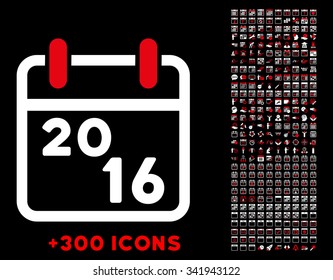 2016 Plan vector pictogram with additional 300 date and time management icons. Style is bicolor flat symbols, red and white colors, rounded angles, black background.