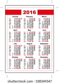 2016 pocket calendar. First day Sunday. Vertical orientation days of week. Illustration in vector format